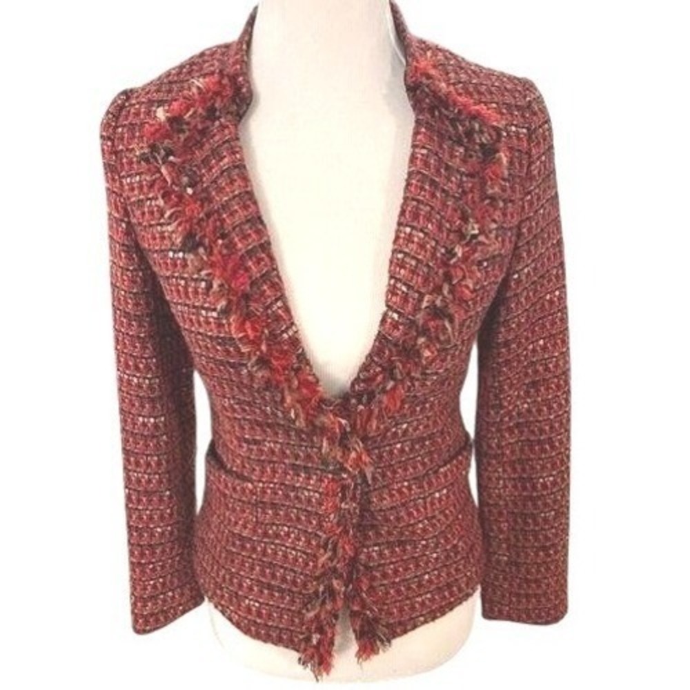 Crocodile Ladies Red Multi Tweed Fringe Trim Open Front Blazer Jacket Size 00